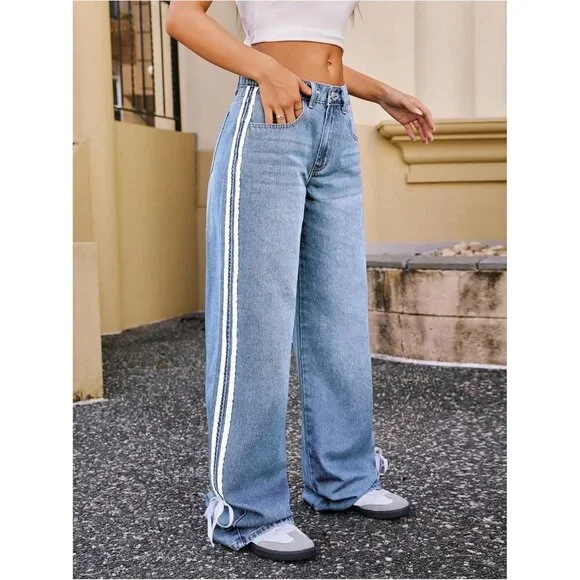 Women's Wide Leg Denim Jeans Light Wash High Waist Side Stripe Pockets - Picture 3 of 5
